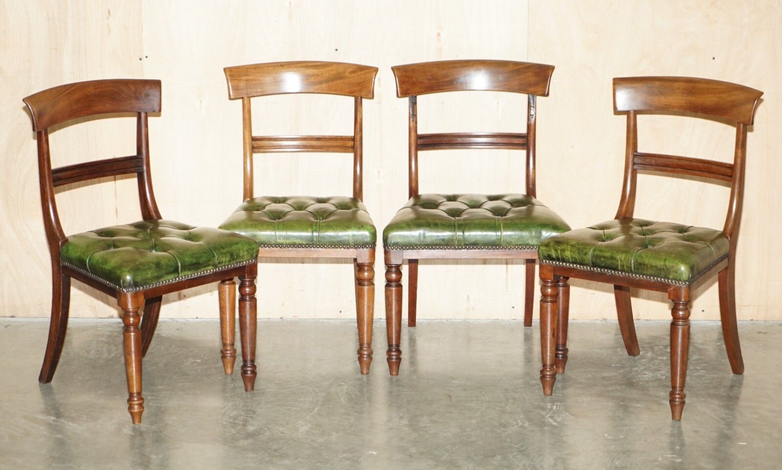 Four Fine Antique Victorian Green Leather Mahogany Chesterfield Dining Chairs 4