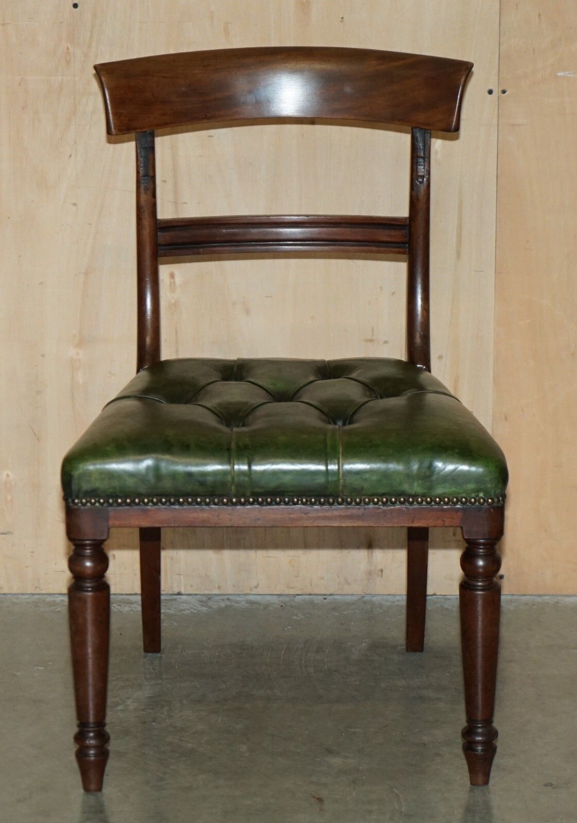 Four Fine Antique Victorian Green Leather Mahogany Chesterfield Dining Chairs 4 photo for sale