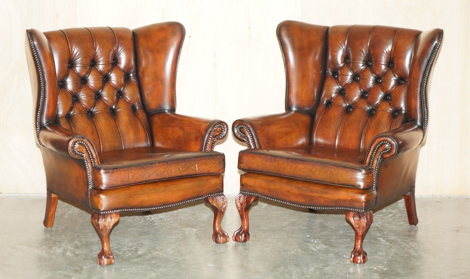 Pair Of Claw & Ball Feet Chesterfield Tufted Brown Leather Wingback Armchairs