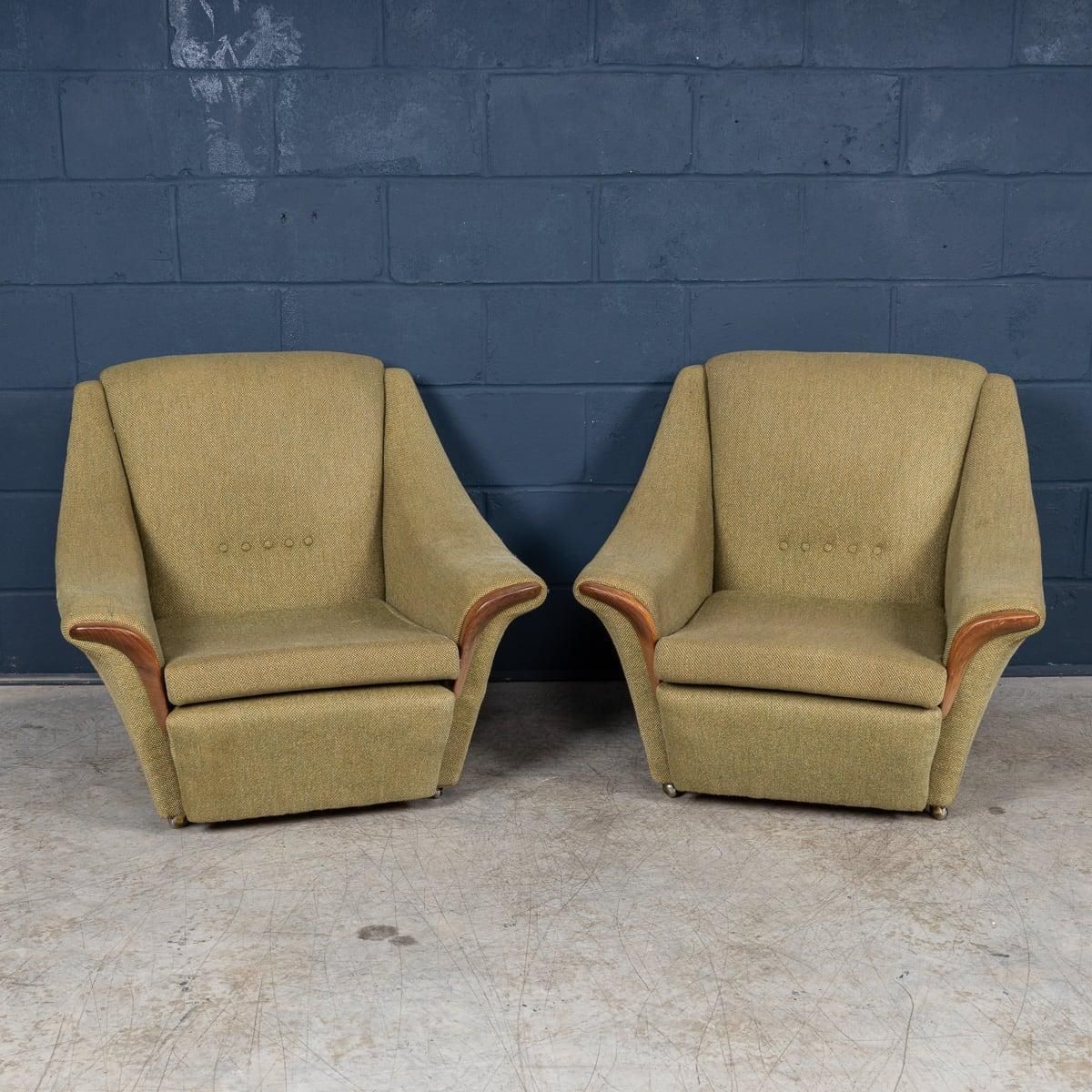 Vintage 20th Century English Pair Of Olive Green Upholstered Armchairs C.1960 photo furniture