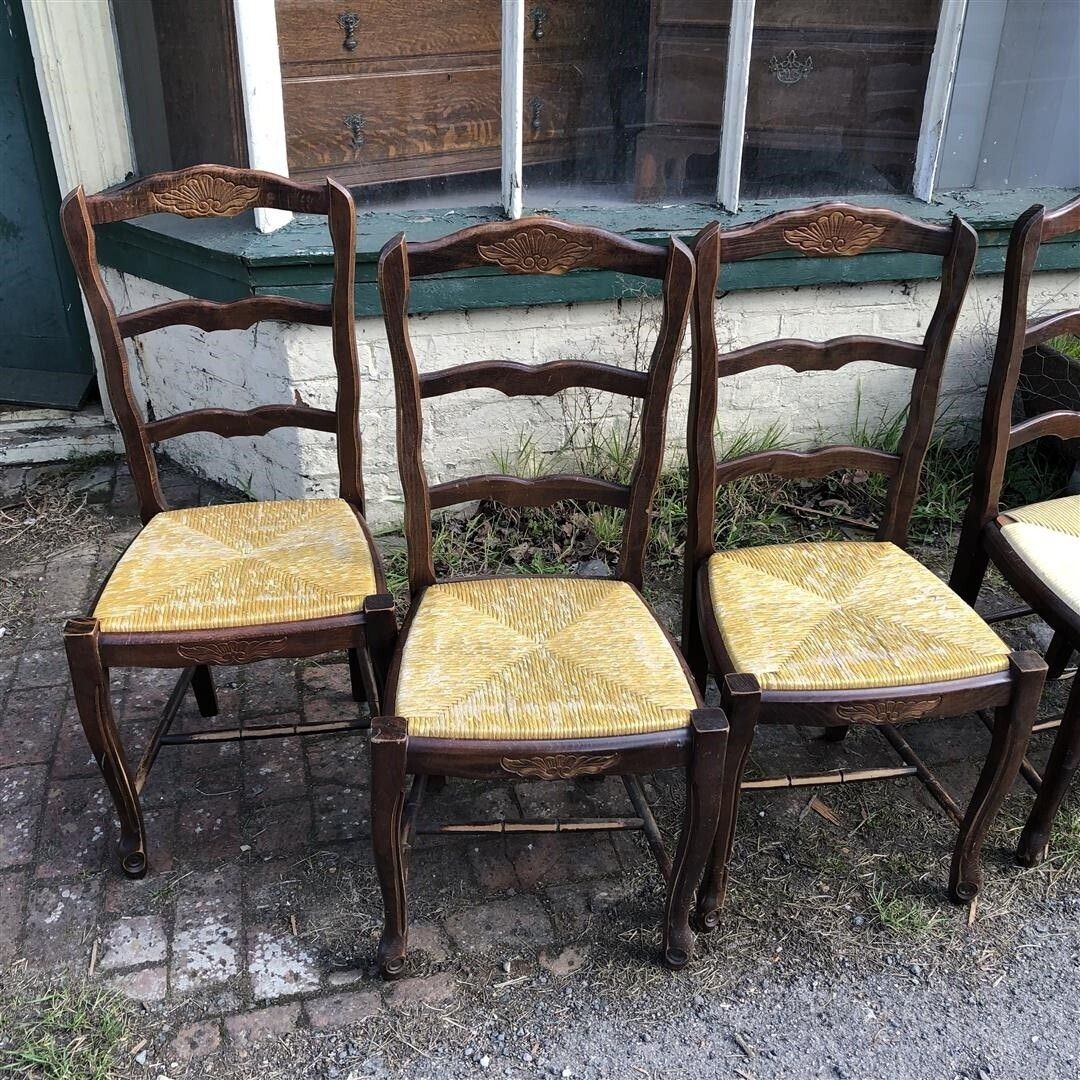 Set Of Six Vintage French Ladderback Rush Seated Dining Chairs photo Furniture
