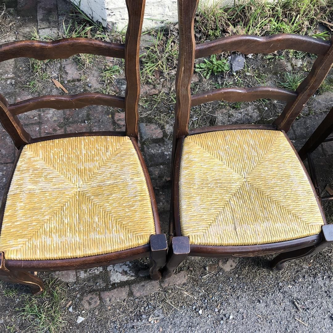 Furniture Set Of Six Vintage French Ladderback Rush Seated Dining Chairs photo