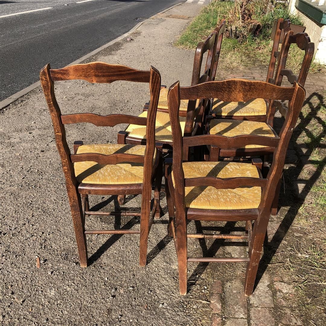 photo buy Set Of Six Vintage French Ladderback Rush Seated Dining Chairs