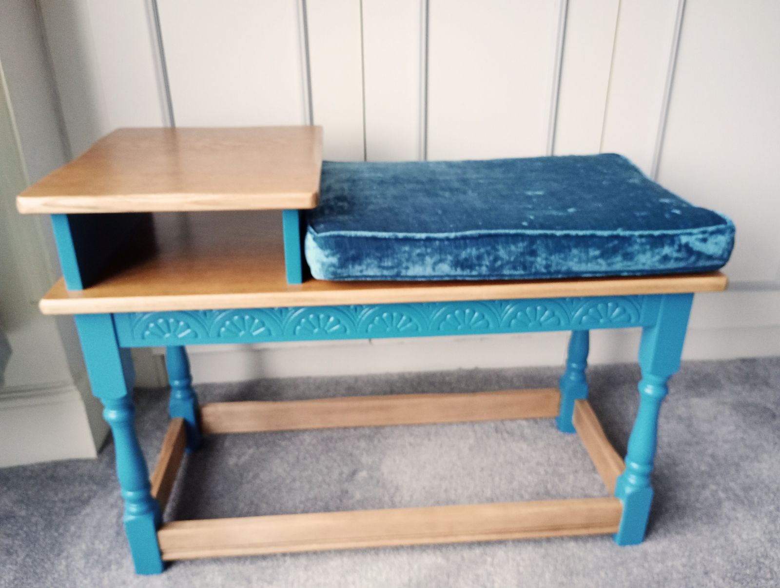 Upcycled Telephone Seat In Oak And Teal Paint With Custom Cushion