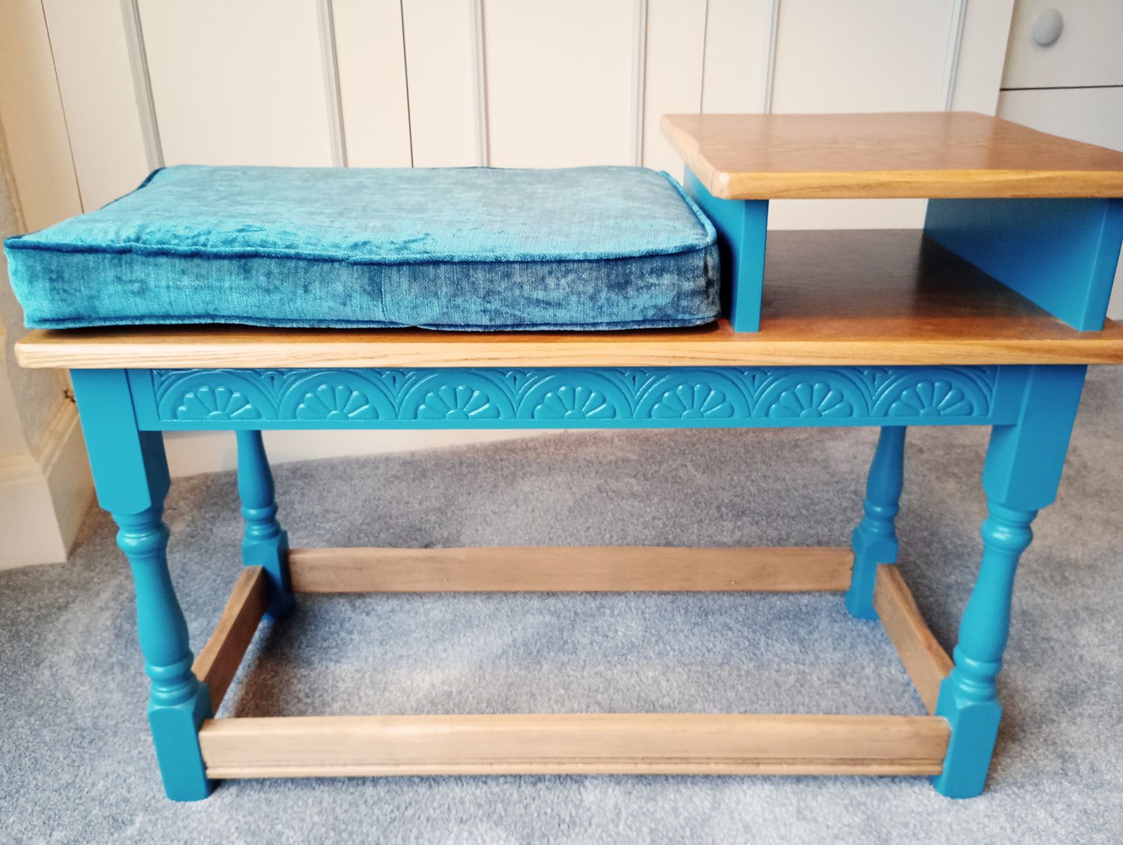 Upcycled Telephone Seat In Oak And Teal Paint With Custom Cushion photo vinterior