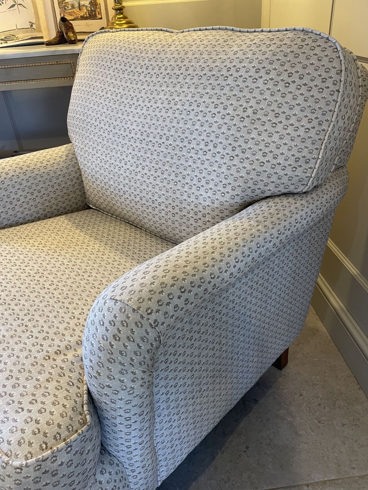 photo for sale George Smith Style Armchair Professionally Upholstered In Warner House Fabric.