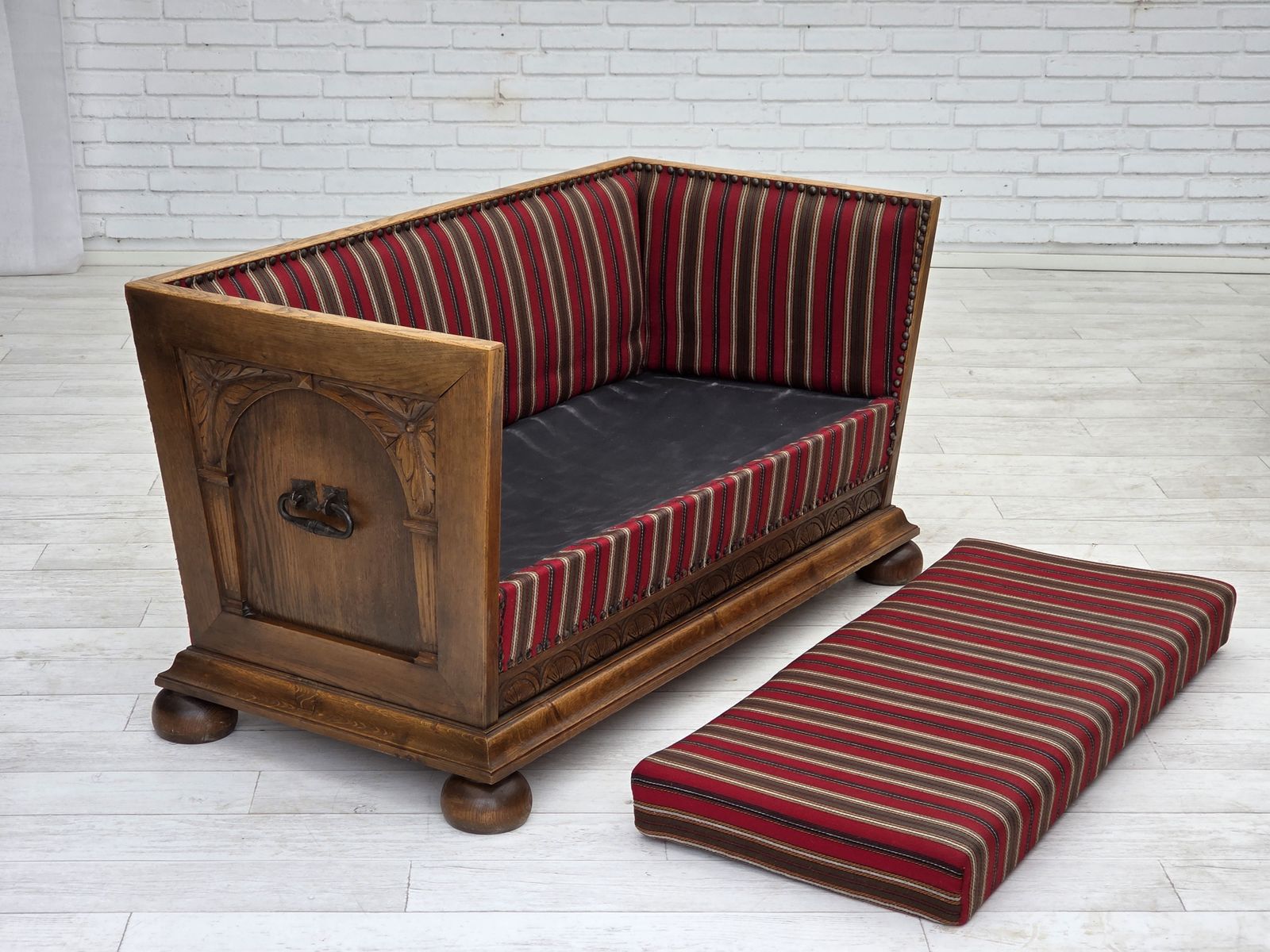 1960s, Danish 2 Seater Sofa, Original Condition, Furniture Wool, Oak Wood. photo vintage