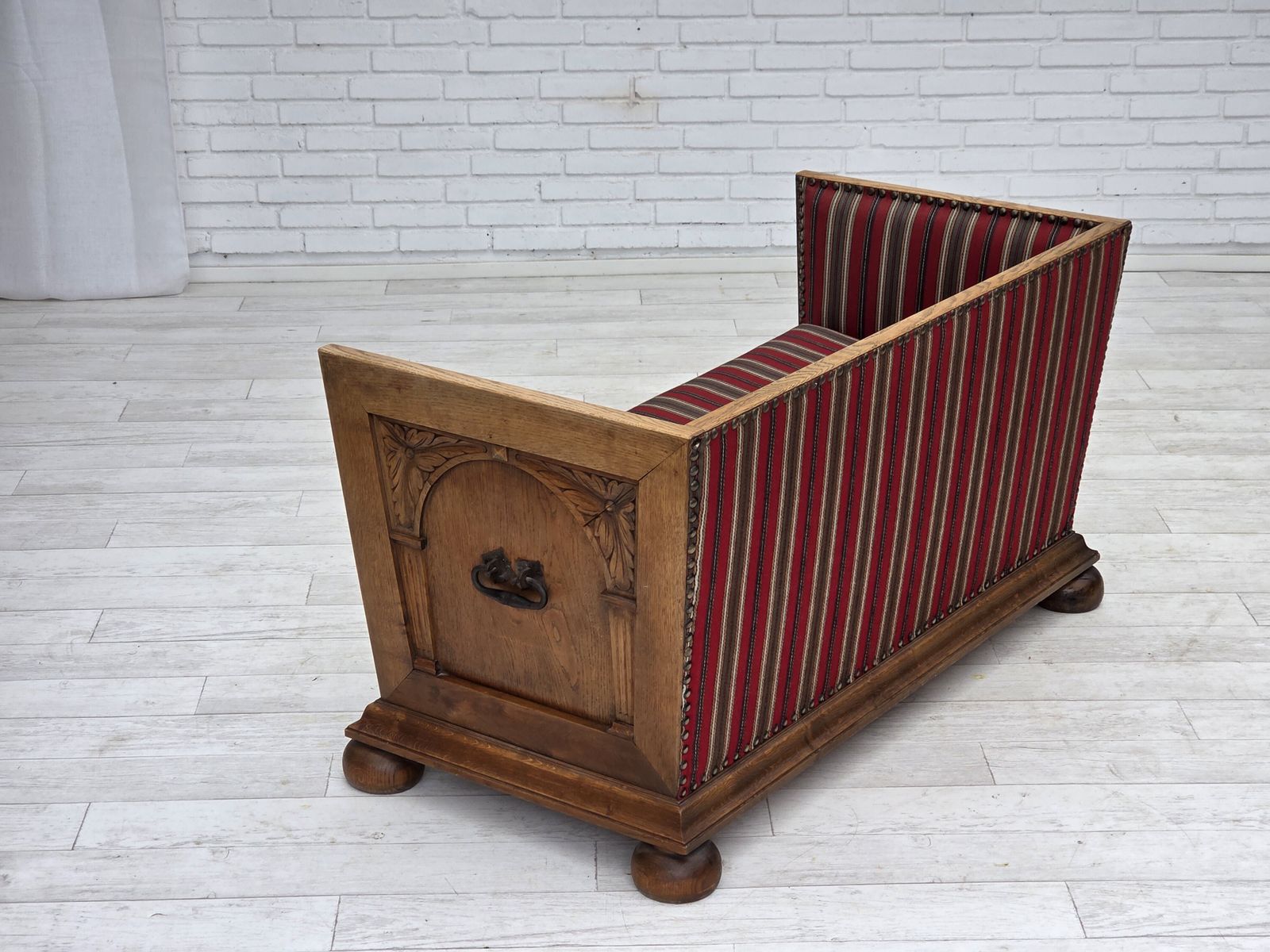 photo buy 1960s, Danish 2 Seater Sofa, Original Condition, Furniture Wool, Oak Wood.