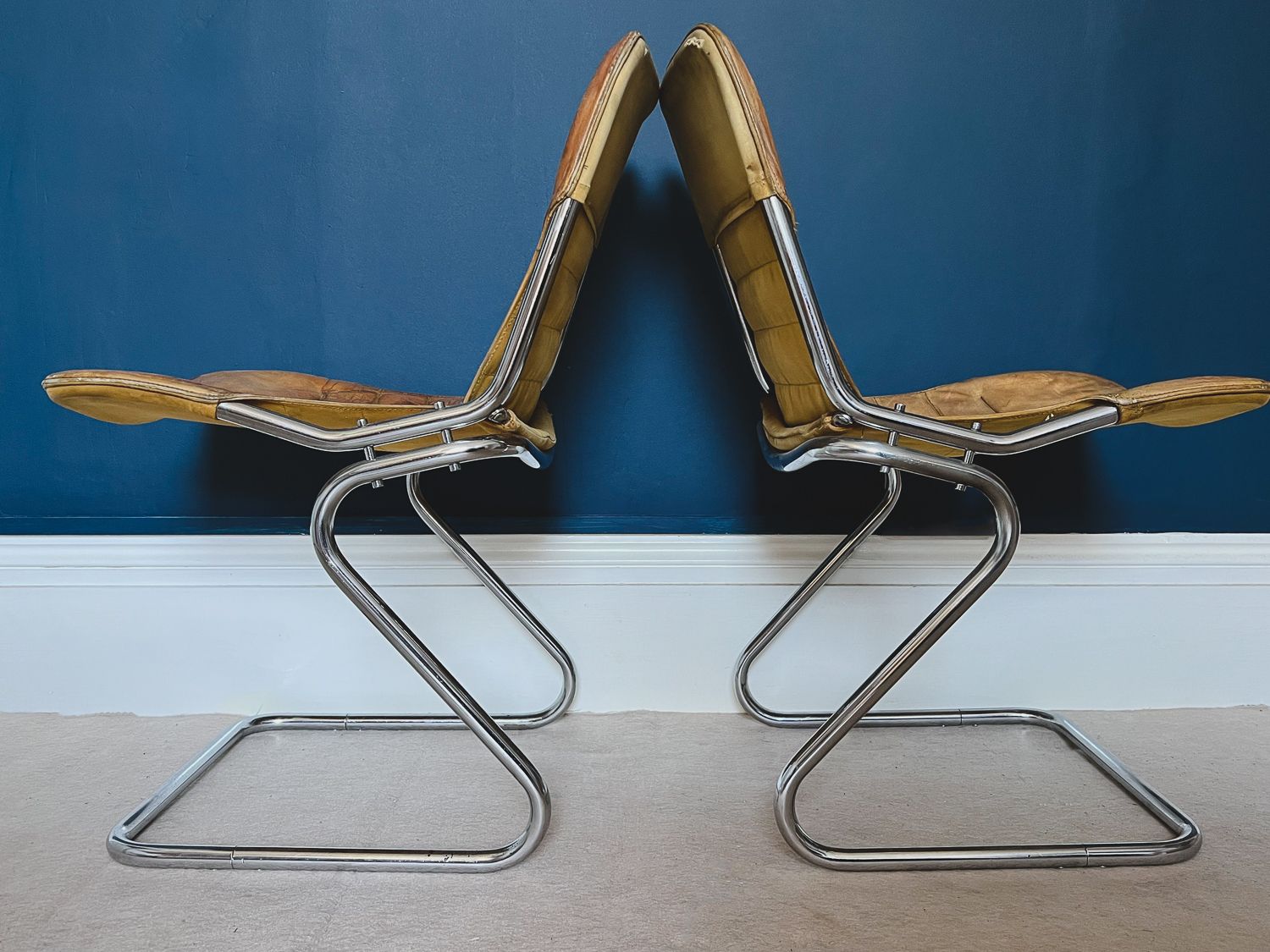 Set Of Four Italian Tan Leather And Chrome Chairs photo furniture