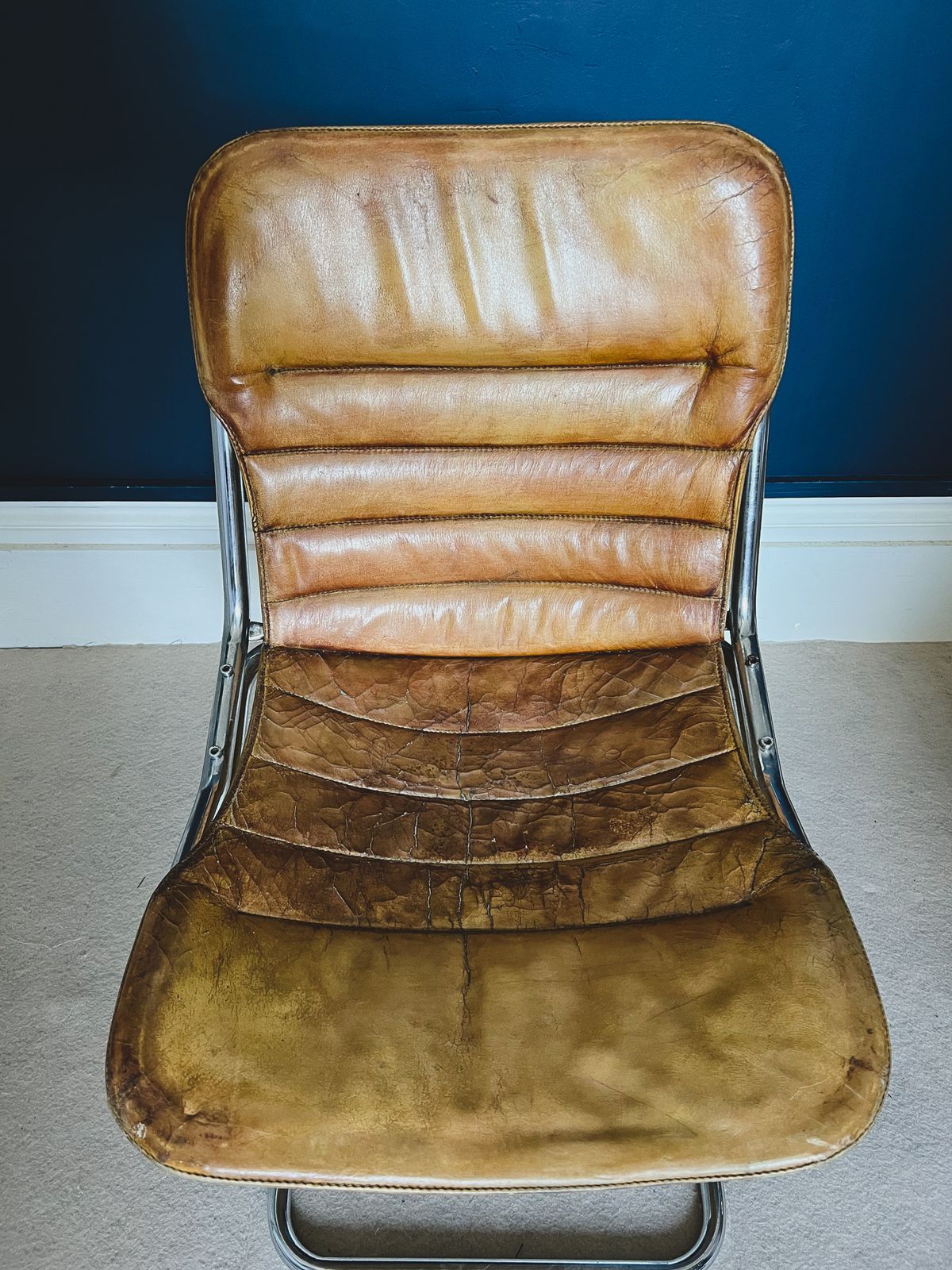 Set Of Four Italian Tan Leather And Chrome Chairs photo 850.0
