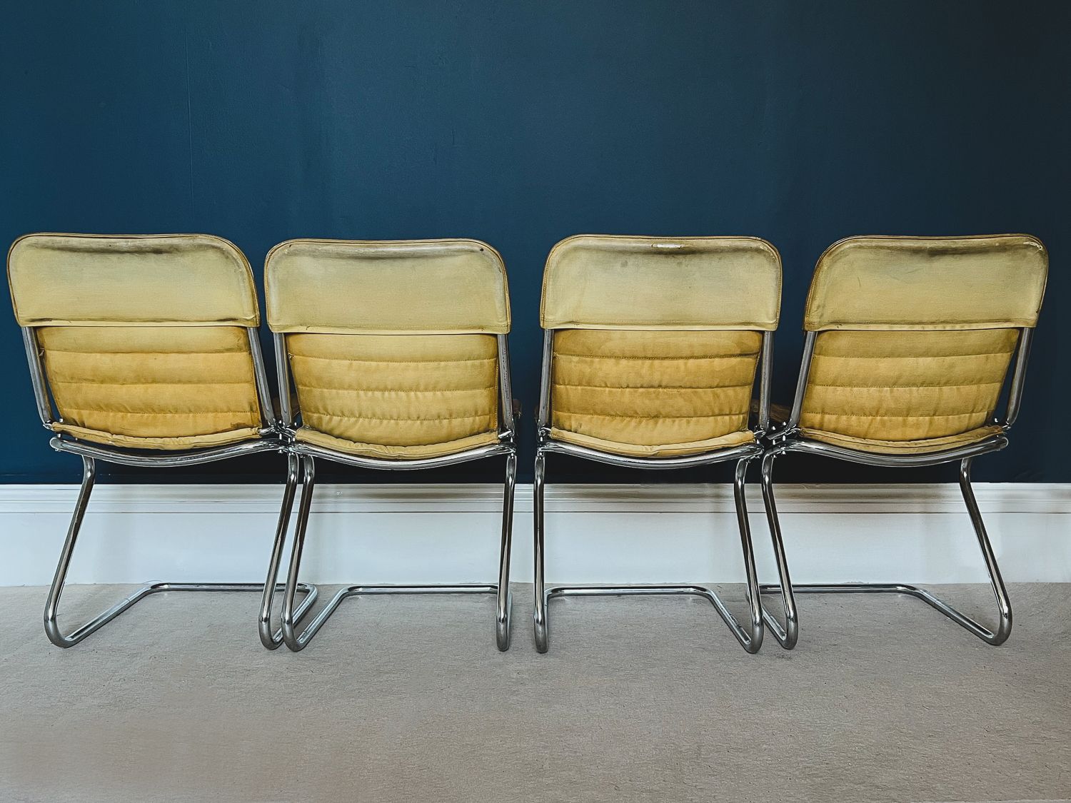 Set Of Four Italian Tan Leather And Chrome Chairs photo vintage