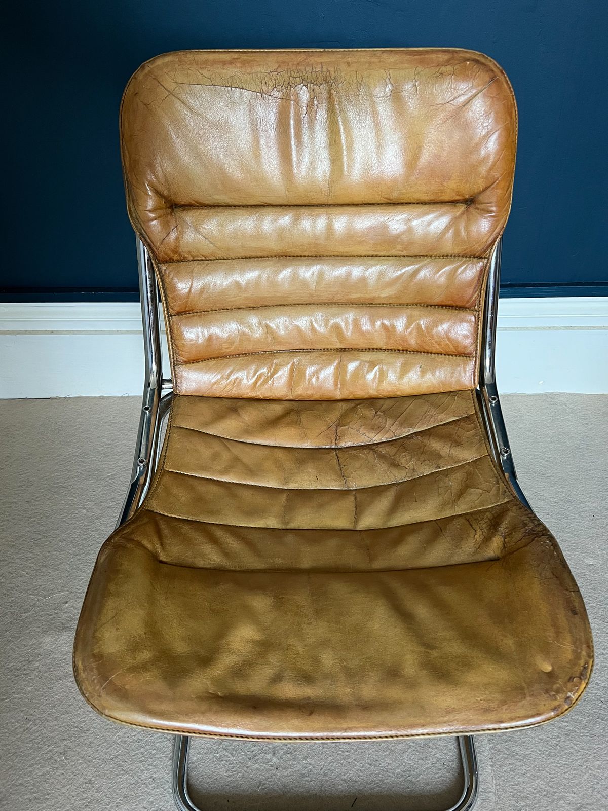 photo for sale Set Of Four Italian Tan Leather And Chrome Chairs