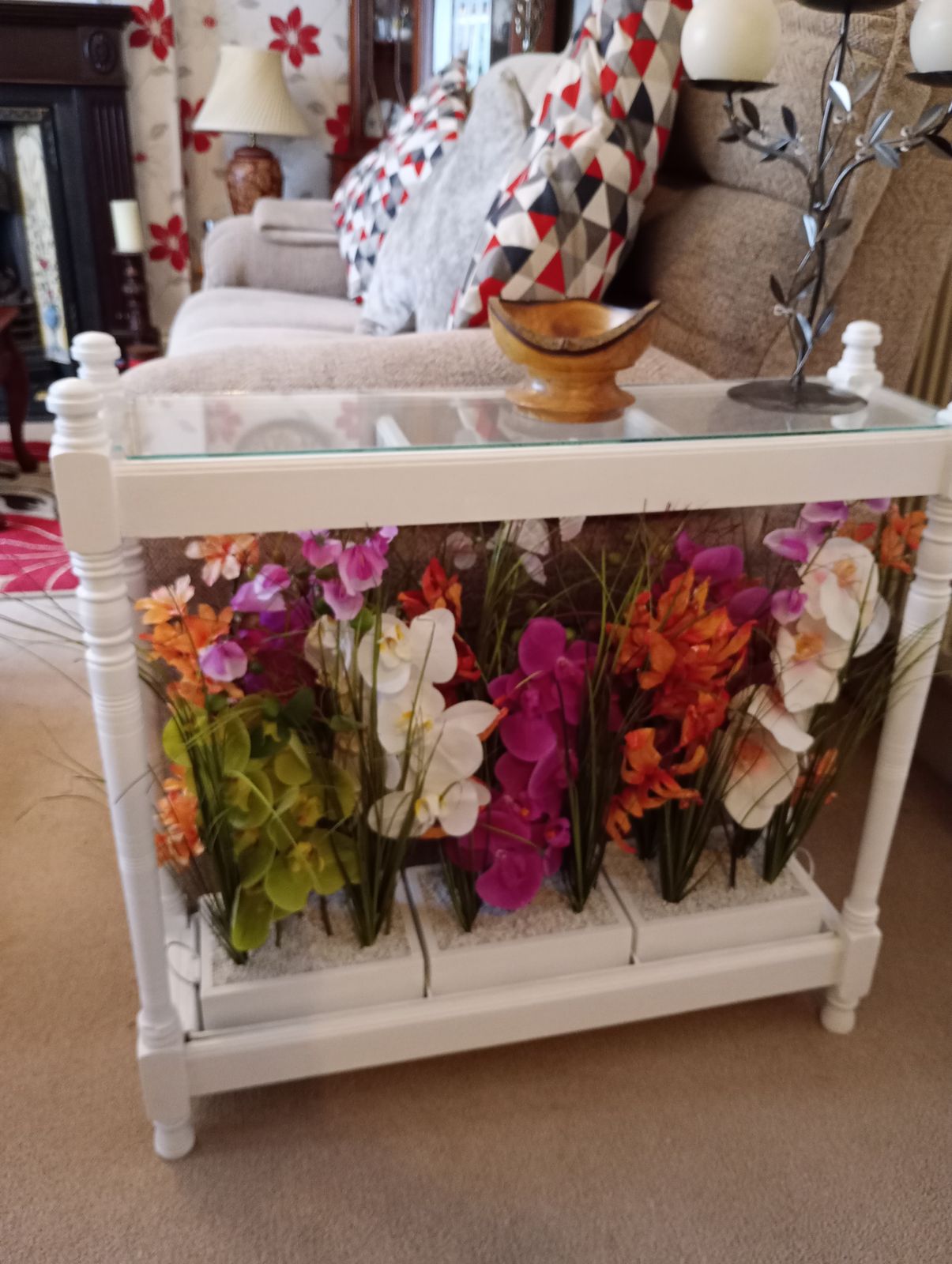 Upcycled Glazed Table Faux Flower Display In Satin White Paint Finish. photo vinterior