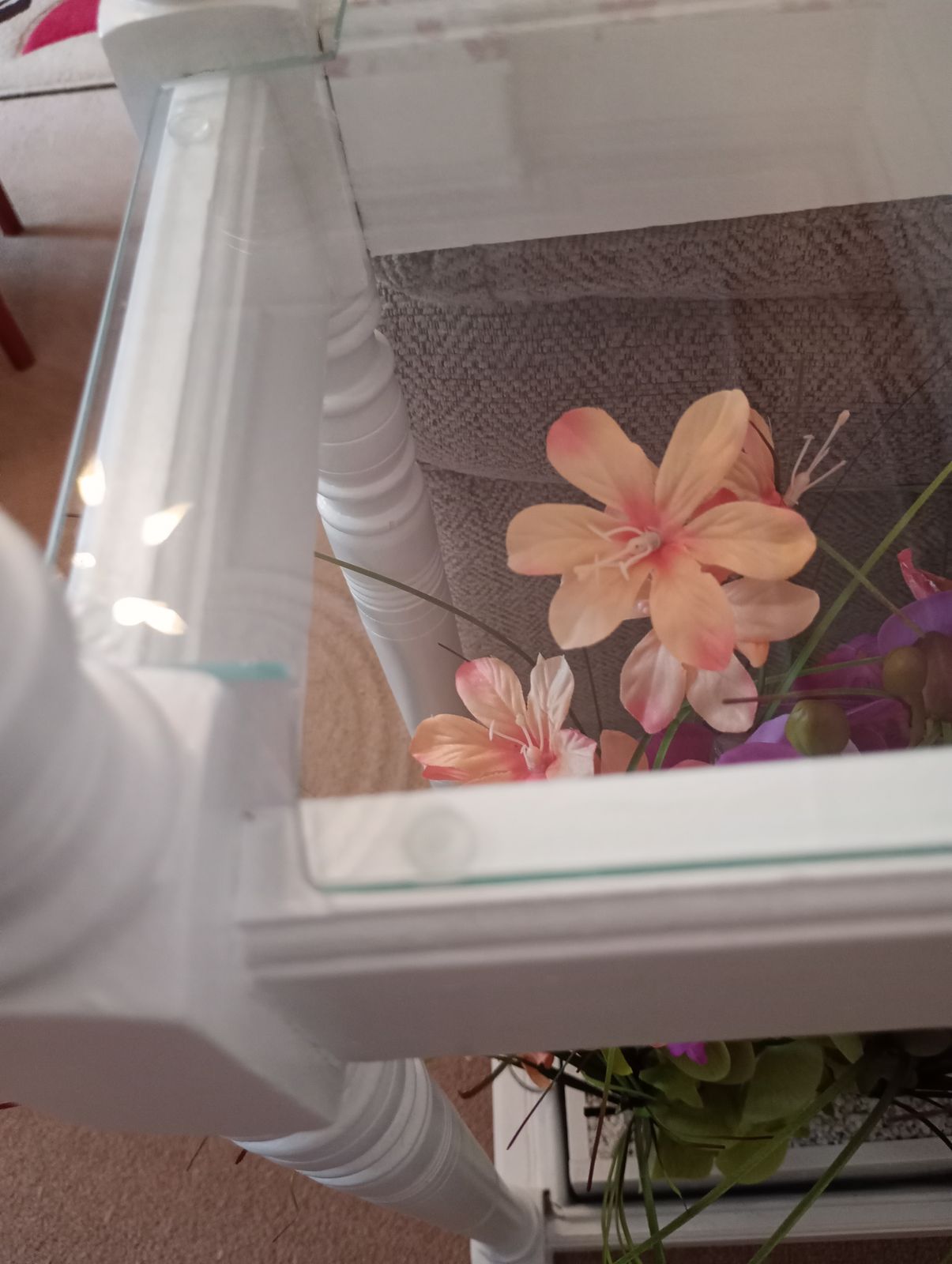 85.0 Upcycled Glazed Table Faux Flower Display In Satin White Paint Finish. photo
