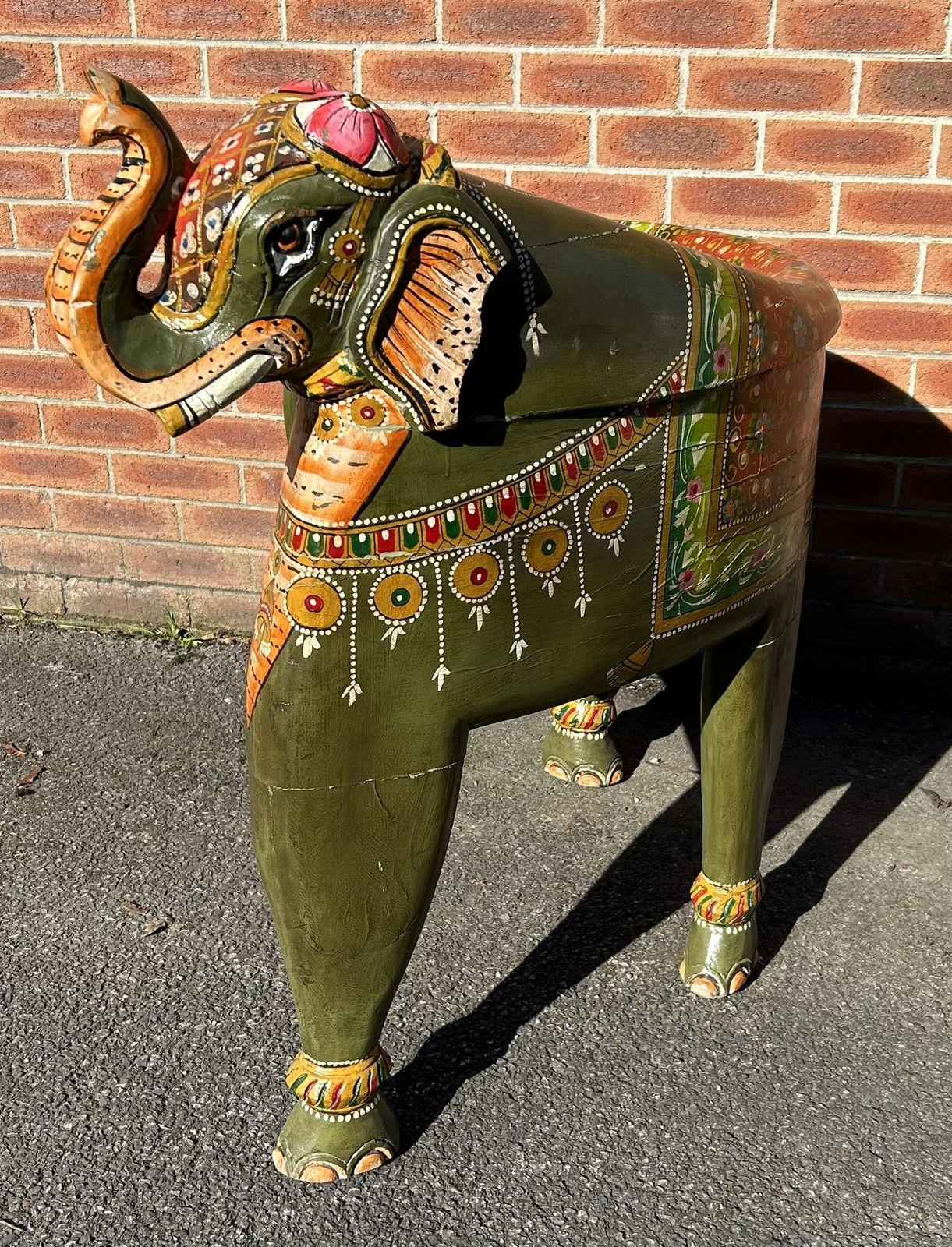 photo buy Carnival Vintage Unique Indian Hand Painted Folk Art Large Elephant Bench Seat