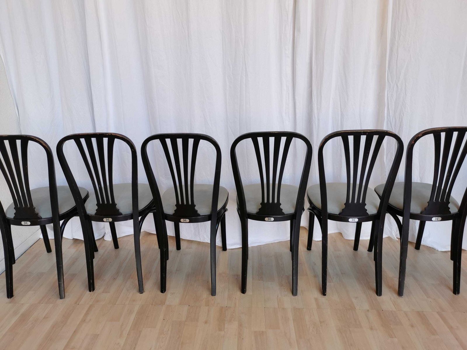 Set Of 6 Vintage Dining Chairs By Stol Kamnik Original / 1970s Yugoslavia / Mid Century Black Wooden Dine Chair With Gray Fabric Seat photo Furniture