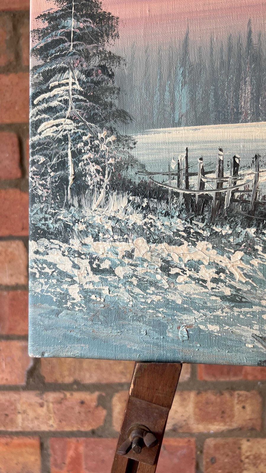 Signed Oil Painting – Serene Winter Landscape With Snow Covered Trees And Cabin photo furniture