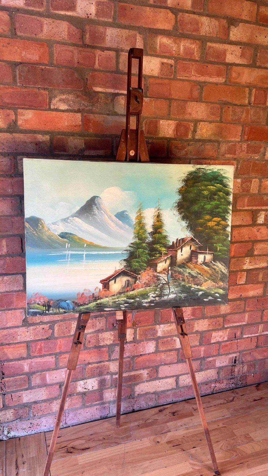 Signed Mid Century Oil Painting – Idyllic Mountain & Lakeside Scene photo furniture