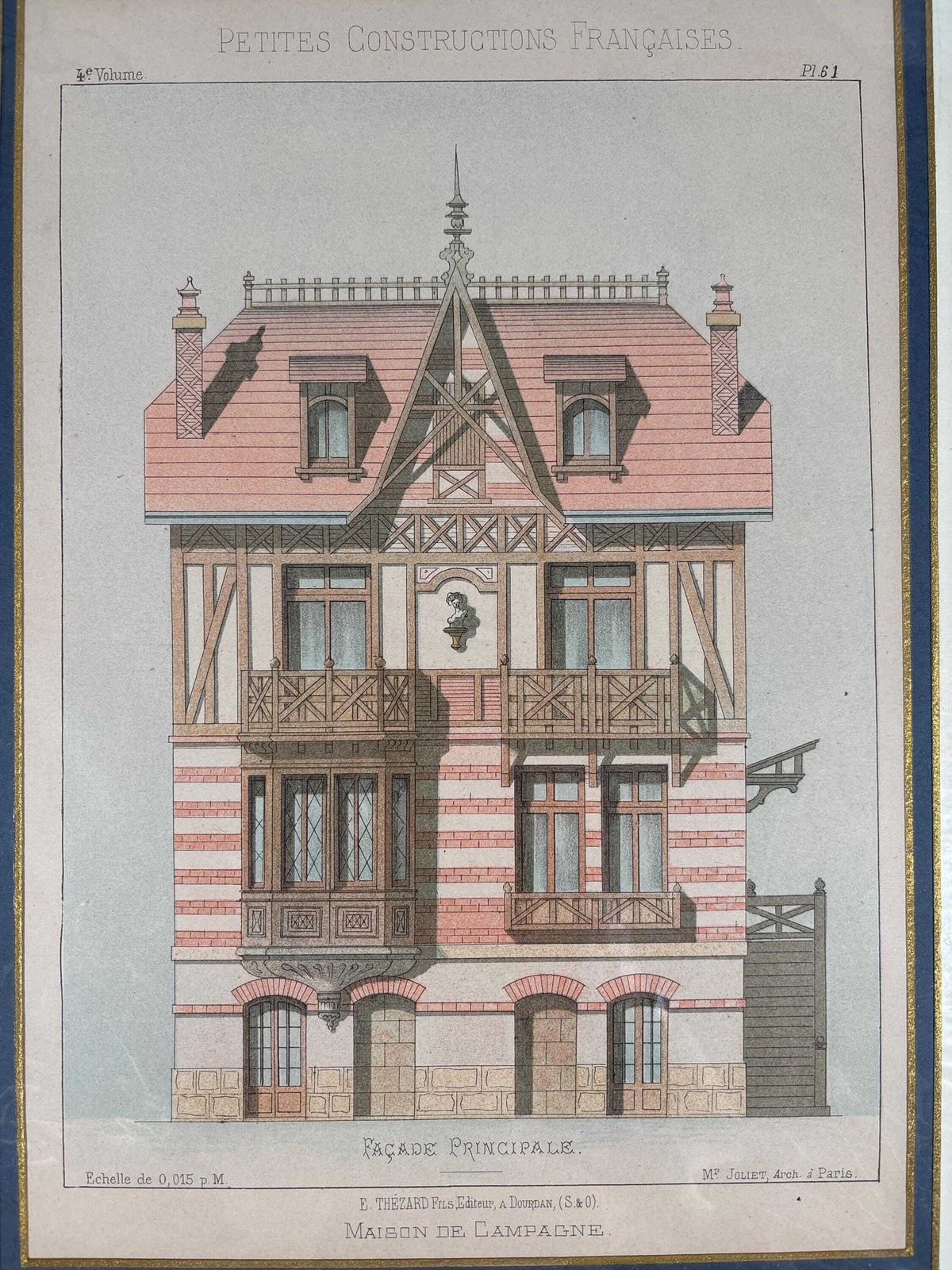 Antique Chromolithograph Of Parisian Townhouse, Circa 1880 – Original Architectural Drawing In Rich Colours