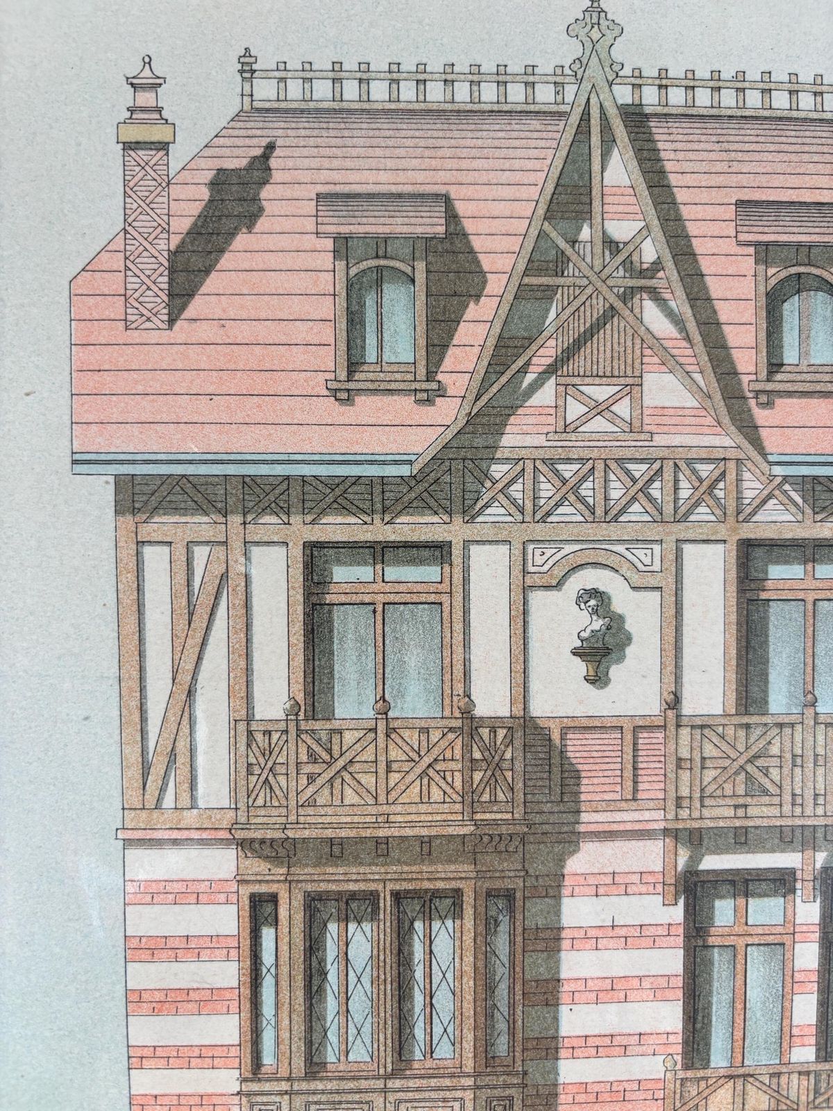 Antique Chromolithograph Of Parisian Townhouse, Circa 1880 – Original Architectural Drawing In Rich Colours photo for sale