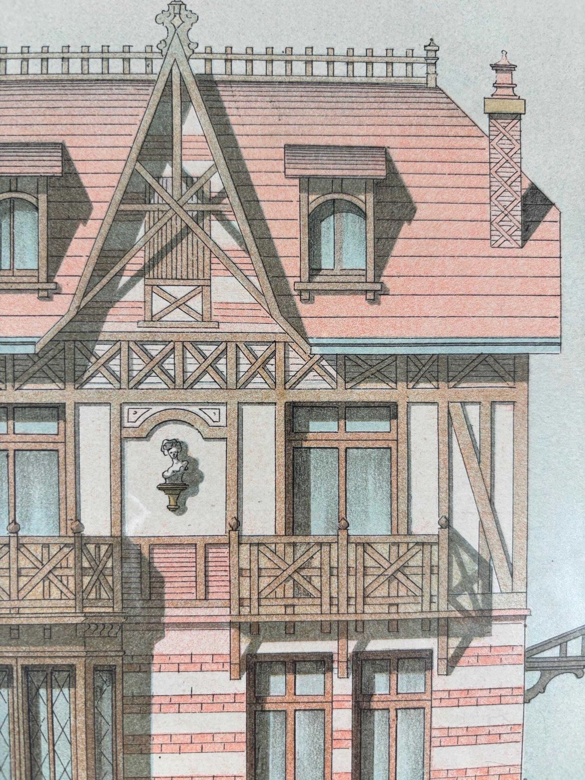 Antique Chromolithograph Of Parisian Townhouse, Circa 1880 – Original Architectural Drawing In Rich Colours photo Art