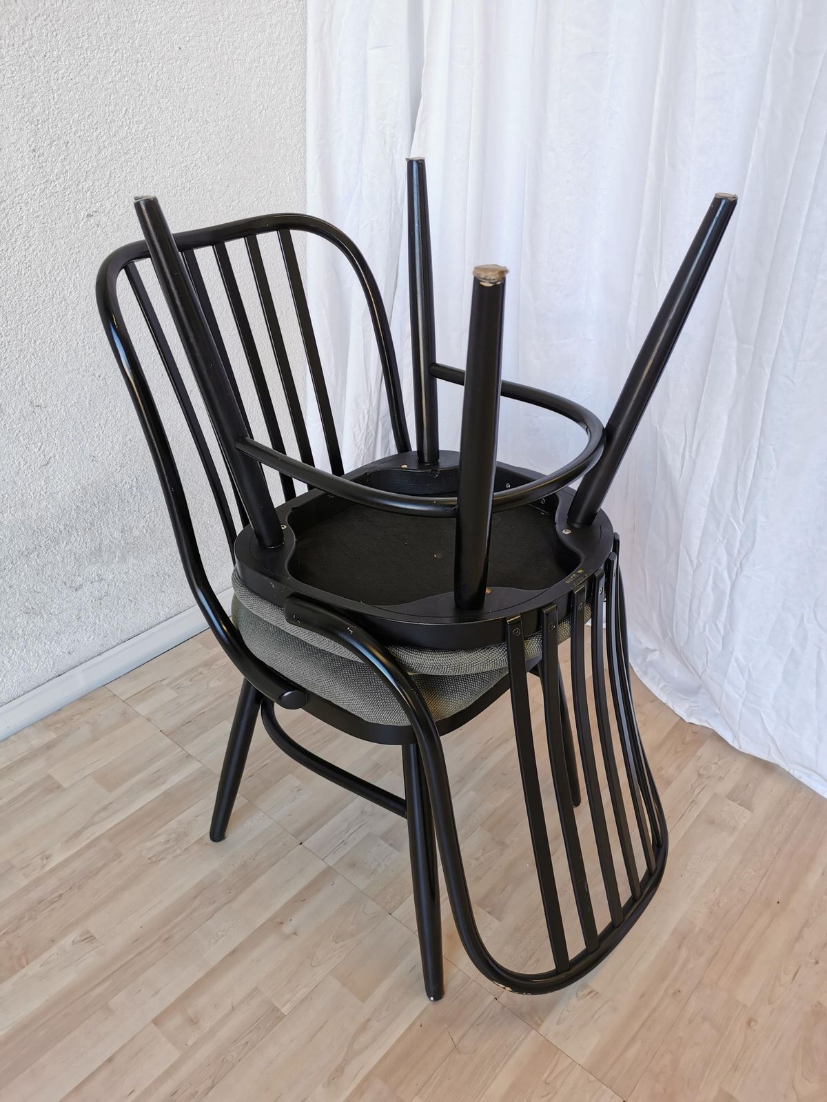 1 Of 4 Vintage Wooden Dine Chairs / 1980s Yugoslavia / Made In Ligna Style / Black Bentwood Mid Century Dining Chairs Gray Fabric Seat photo for sale