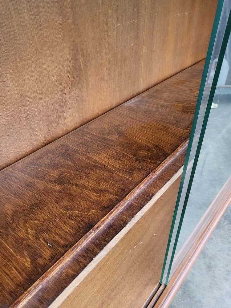 photo furniture Vintage 20thc 1970's Walnut Low Bookcase Cabinet Shelves Glass Doors
