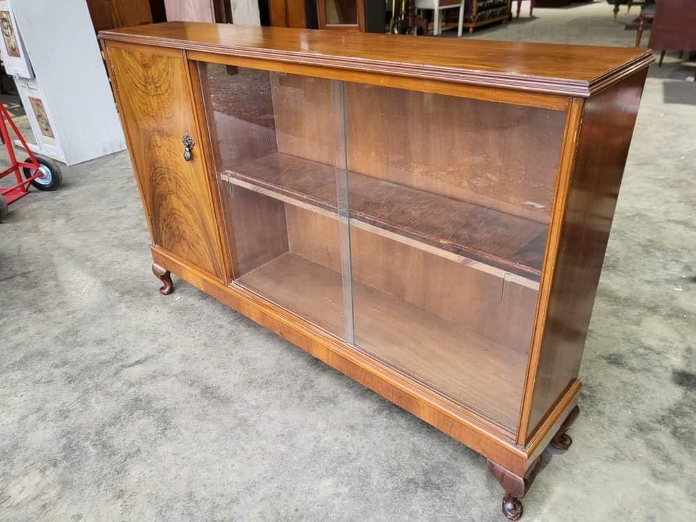 photo for sale Vintage 20thc 1970's Walnut Low Bookcase Cabinet Shelves Glass Doors