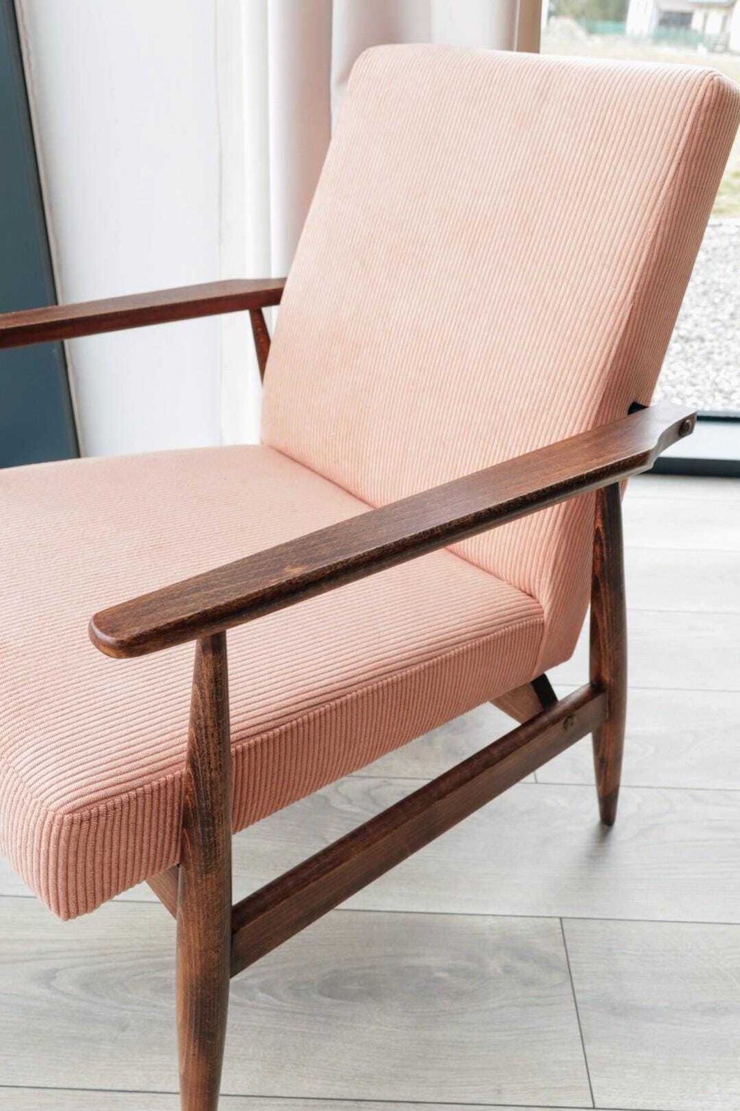 Scandinavian Lounge Chair Light Coral Pink Corduroy Classic Design photo vintage