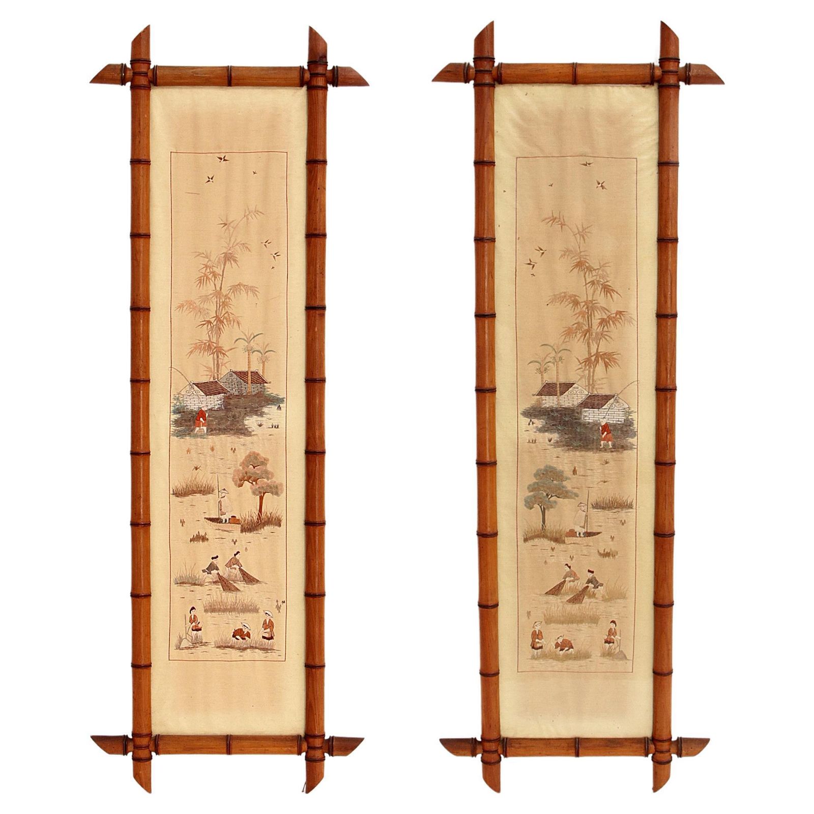 19th Century Chinese Silk Tapestries In Bamboo Frames