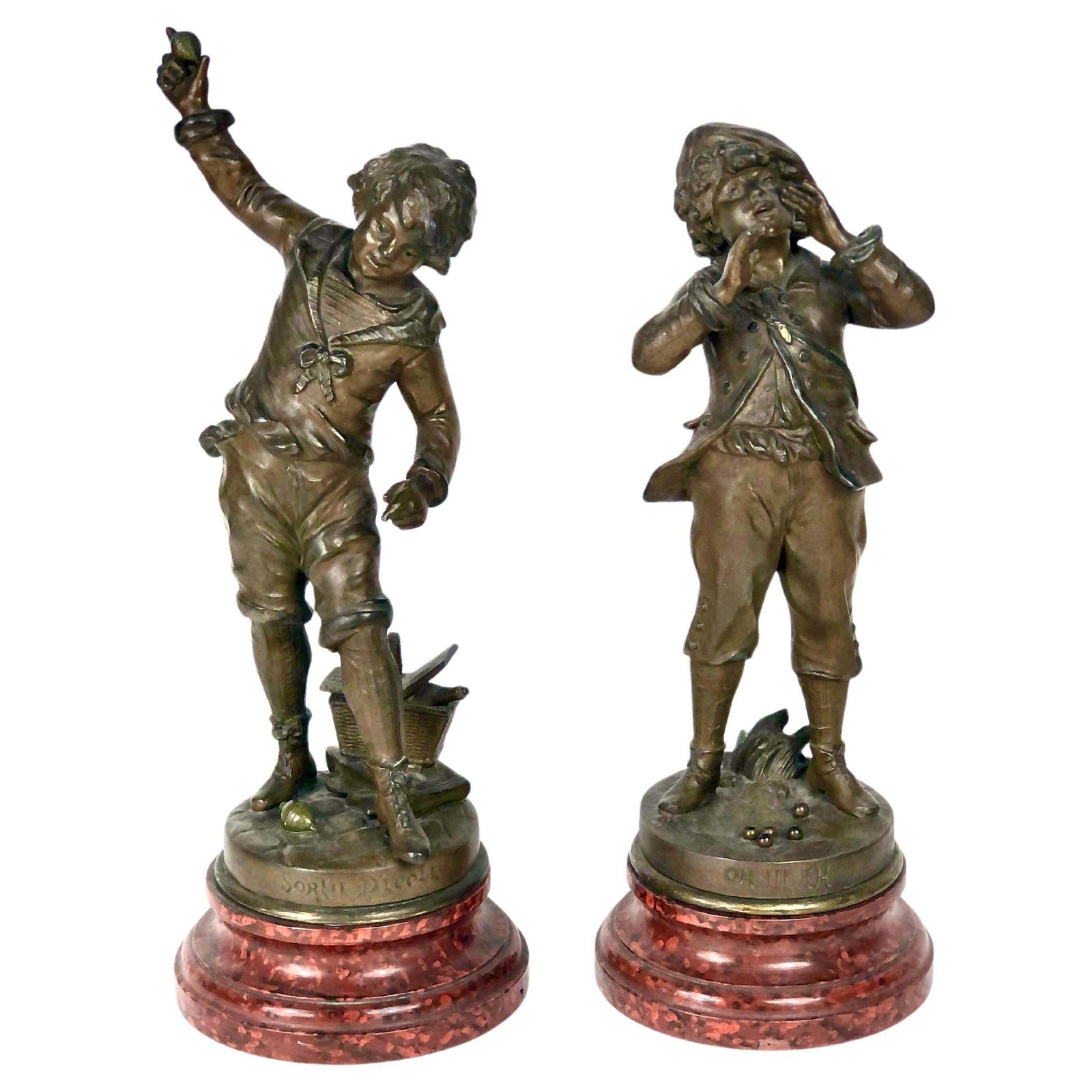 Louis Auguste Moreau Set Of Two Boys Spelter Sculptures 19th Century
