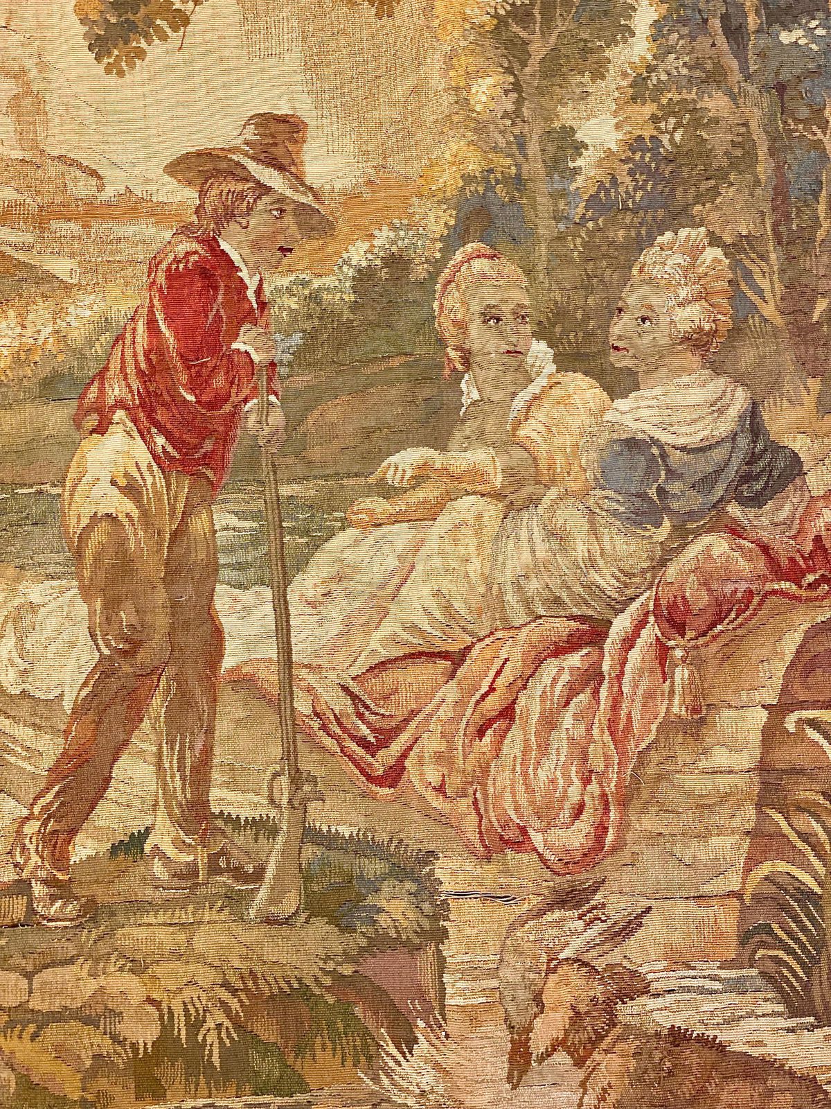 French Aubusson Pastoral Tapestry Featuring A Gallant Scene, Late 19th Century photo furniture