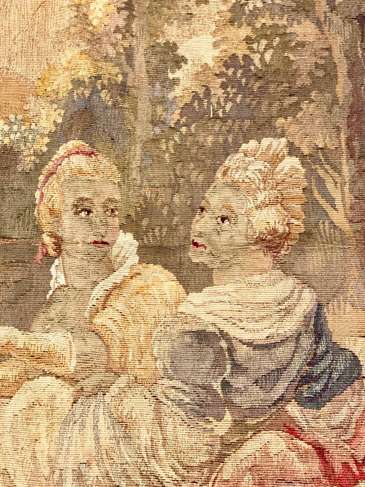 French Aubusson Pastoral Tapestry Featuring A Gallant Scene, Late 19th Century photo vintage
