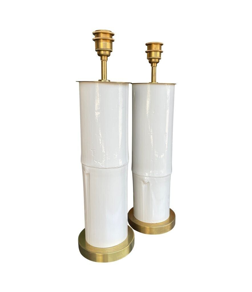 photo furniture A Pair Of Ivory Lacquered Real Bamboo And Brass Lamps With Bespoke Linen Shades