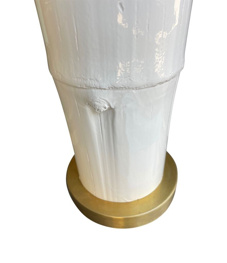 photo for sale A Pair Of Ivory Lacquered Real Bamboo And Brass Lamps With Bespoke Linen Shades