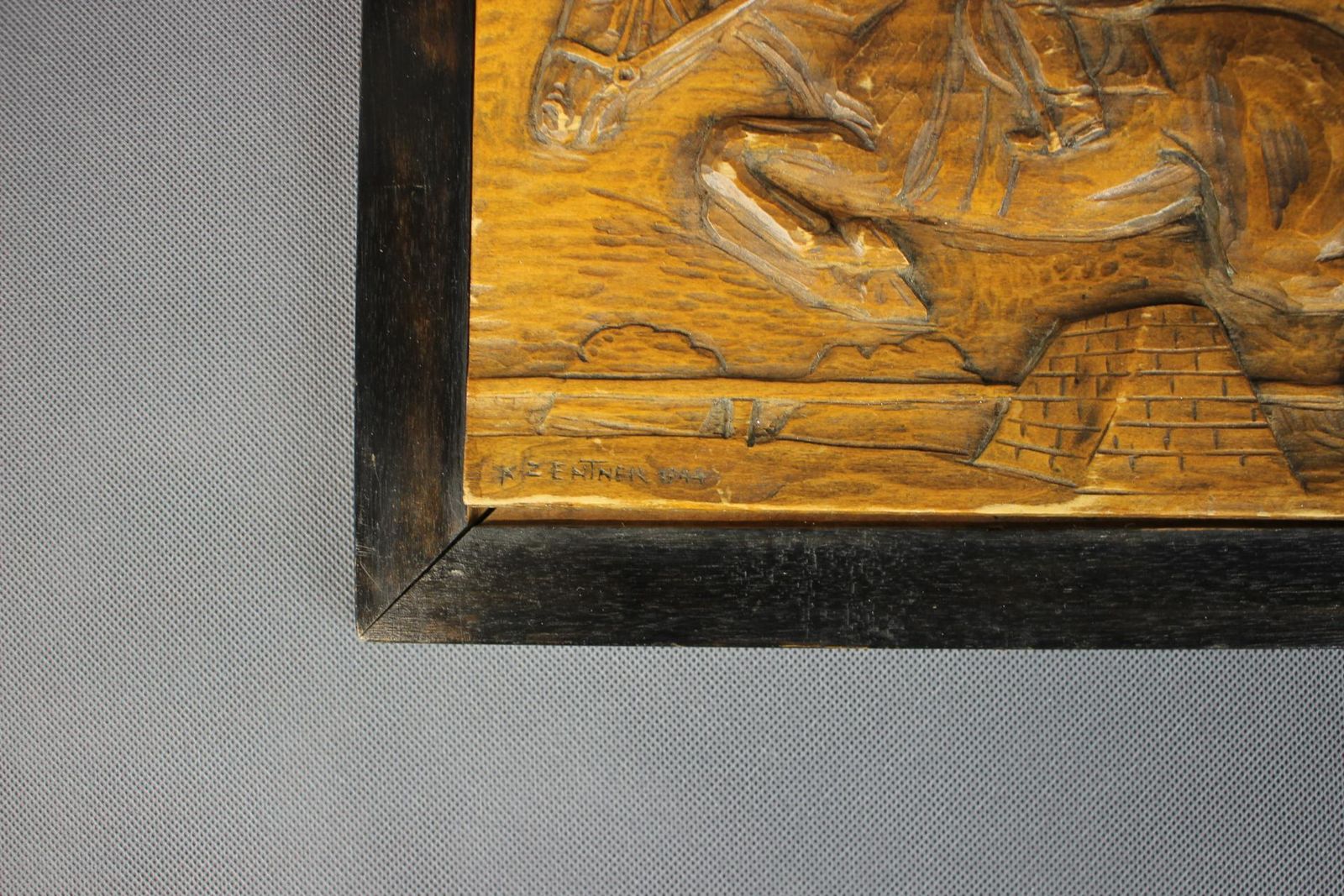 Mid Century Woodwork Of Horseracing By K. Zentner, Czechoslovakia, 1944 photo for sale