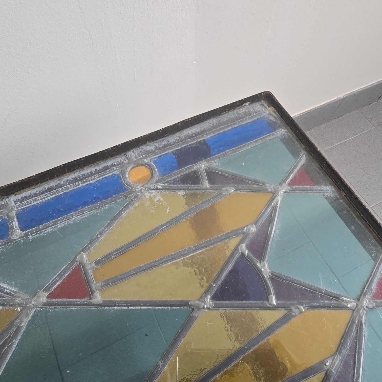 photo furniture Vintage 1960s Brutalist Metal, Glass & Stained Glass Coffee Table 60s