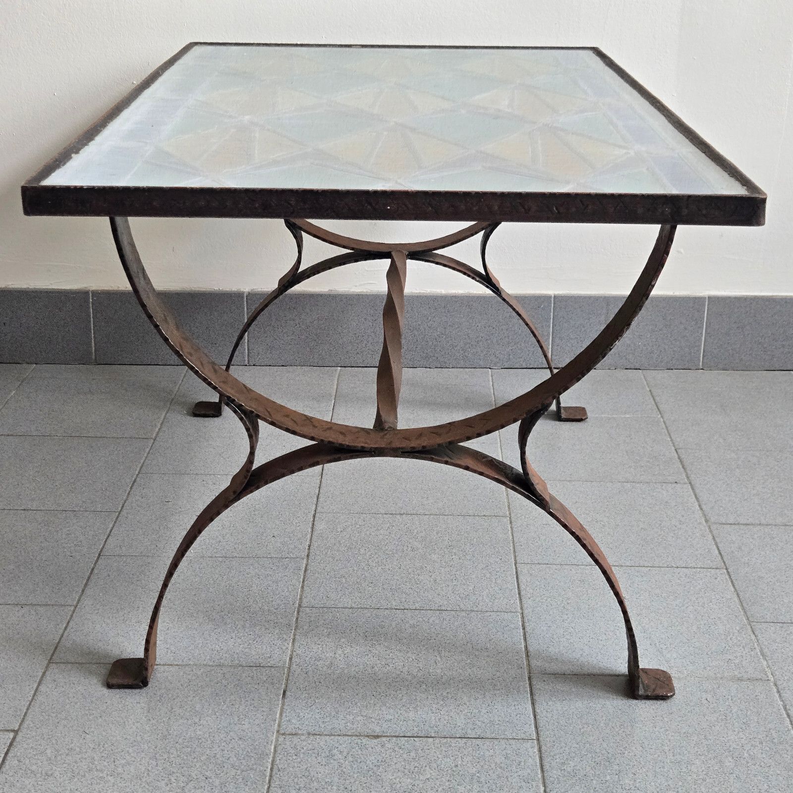 photo vintage Vintage 1960s Brutalist Metal, Glass & Stained Glass Coffee Table 60s