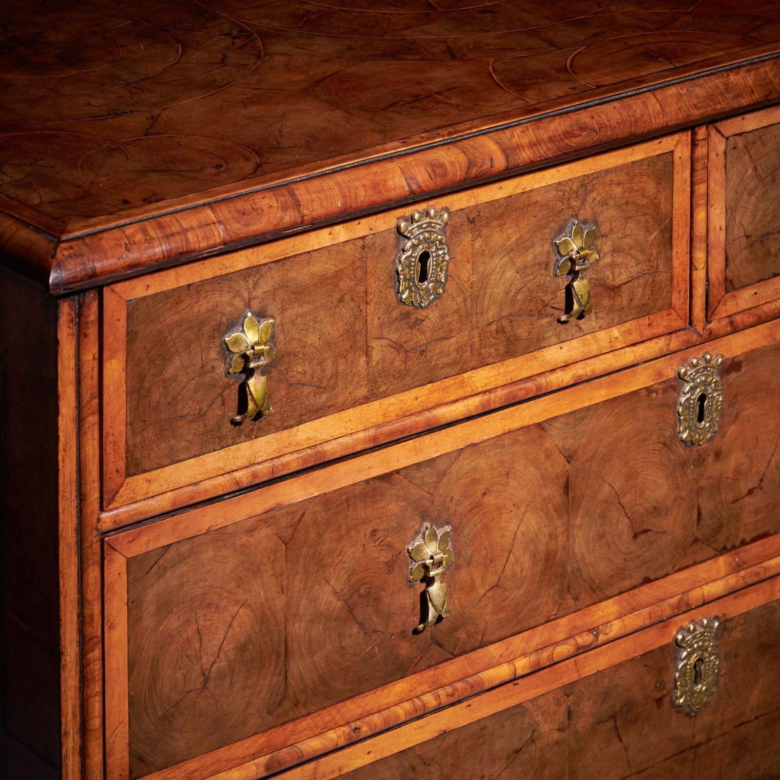 17th Century William And Mary Blond Olive Oyster Chest Of Drawers, Circa 1690 photo for sale