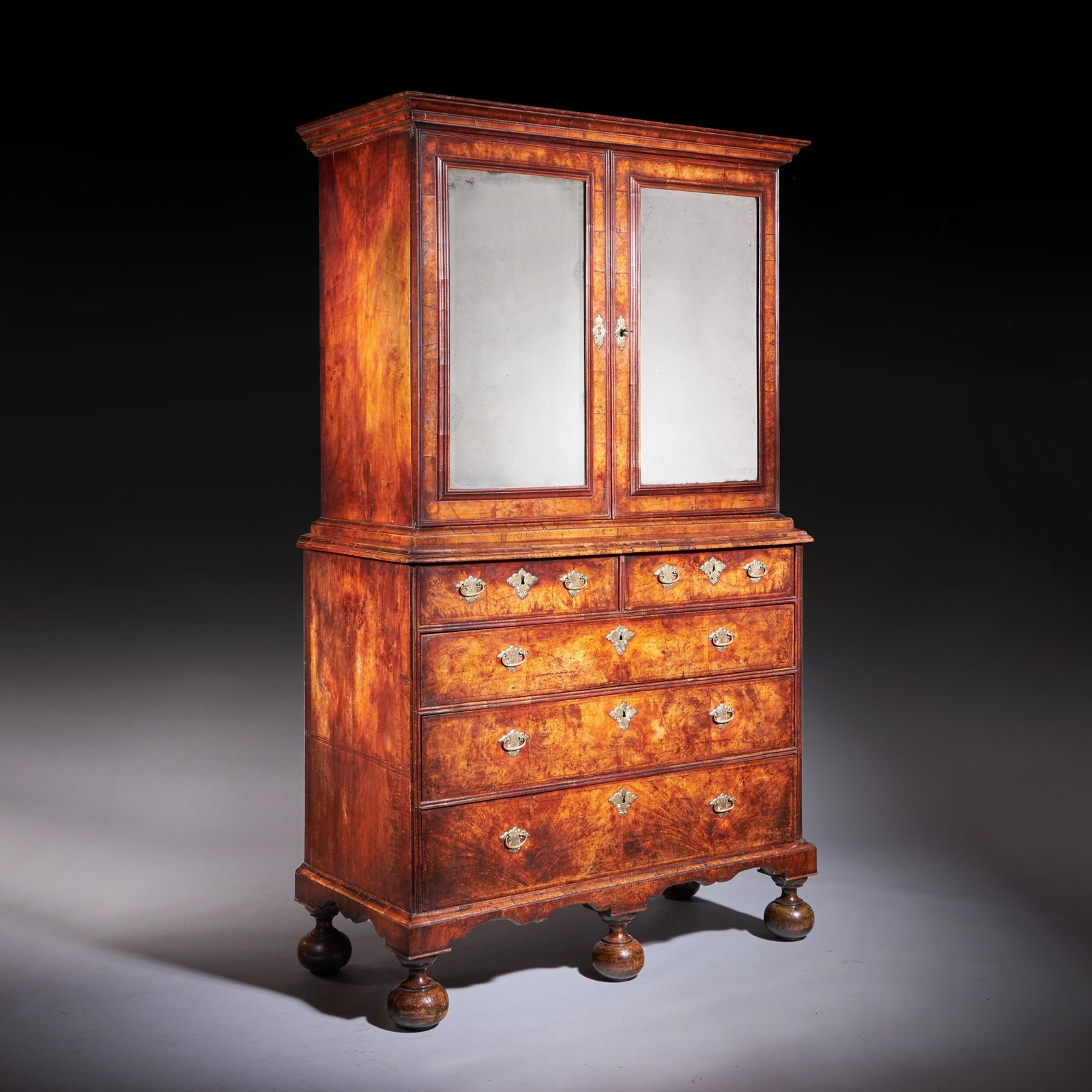 18th Century Queen Anne Burr Walnut Mirrored Cabinet On Chest, Circa 1705 1715 photo for sale