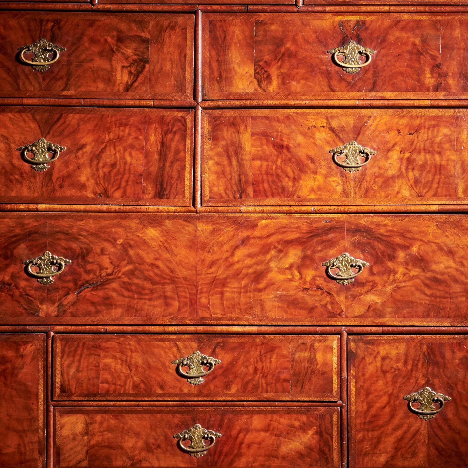 18th Century Queen Anne Burr Walnut Mirrored Cabinet On Chest, Circa 1705 1715 photo vintage