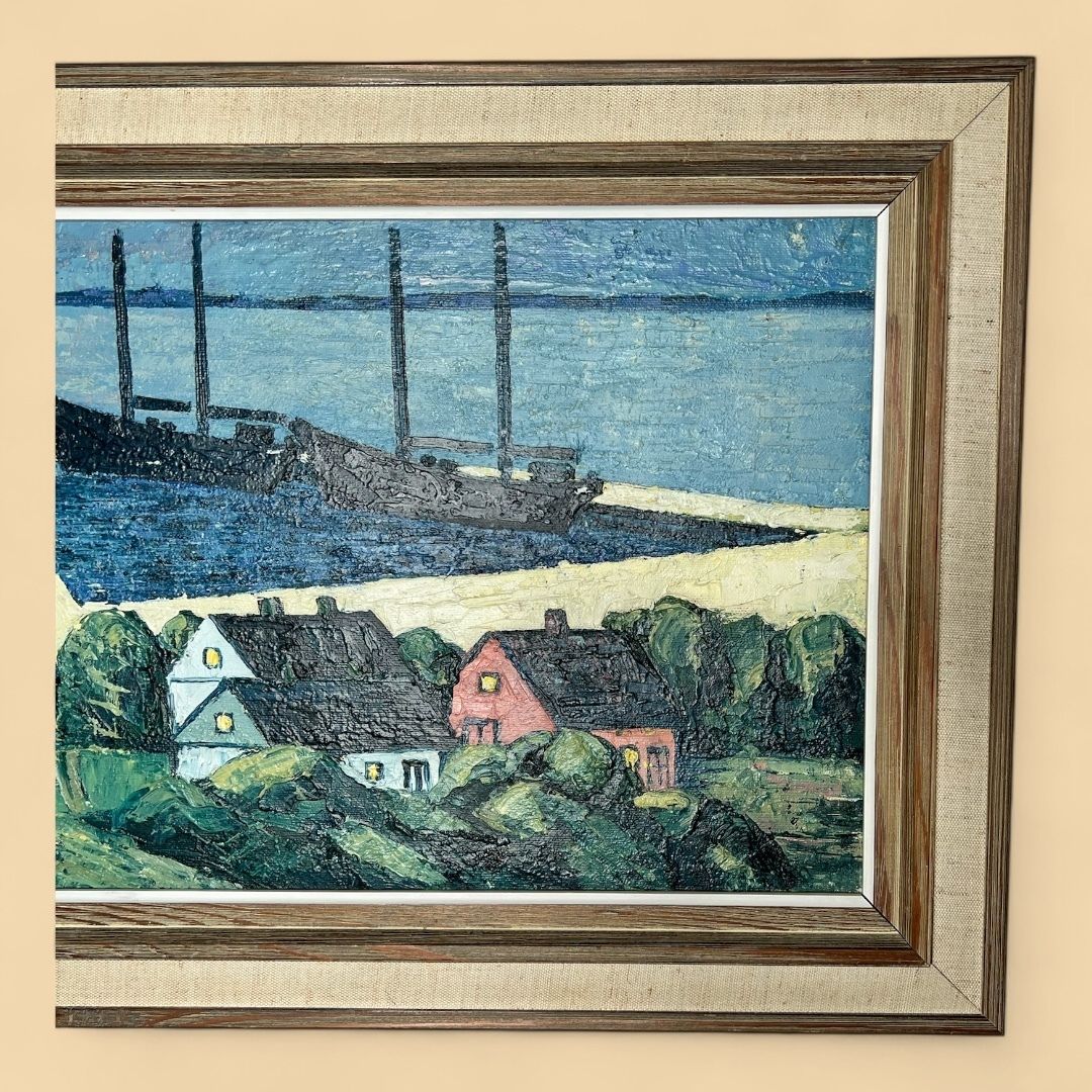 Coastal Landscape With Two Ships, Oil On Canvas Painting photo for sale