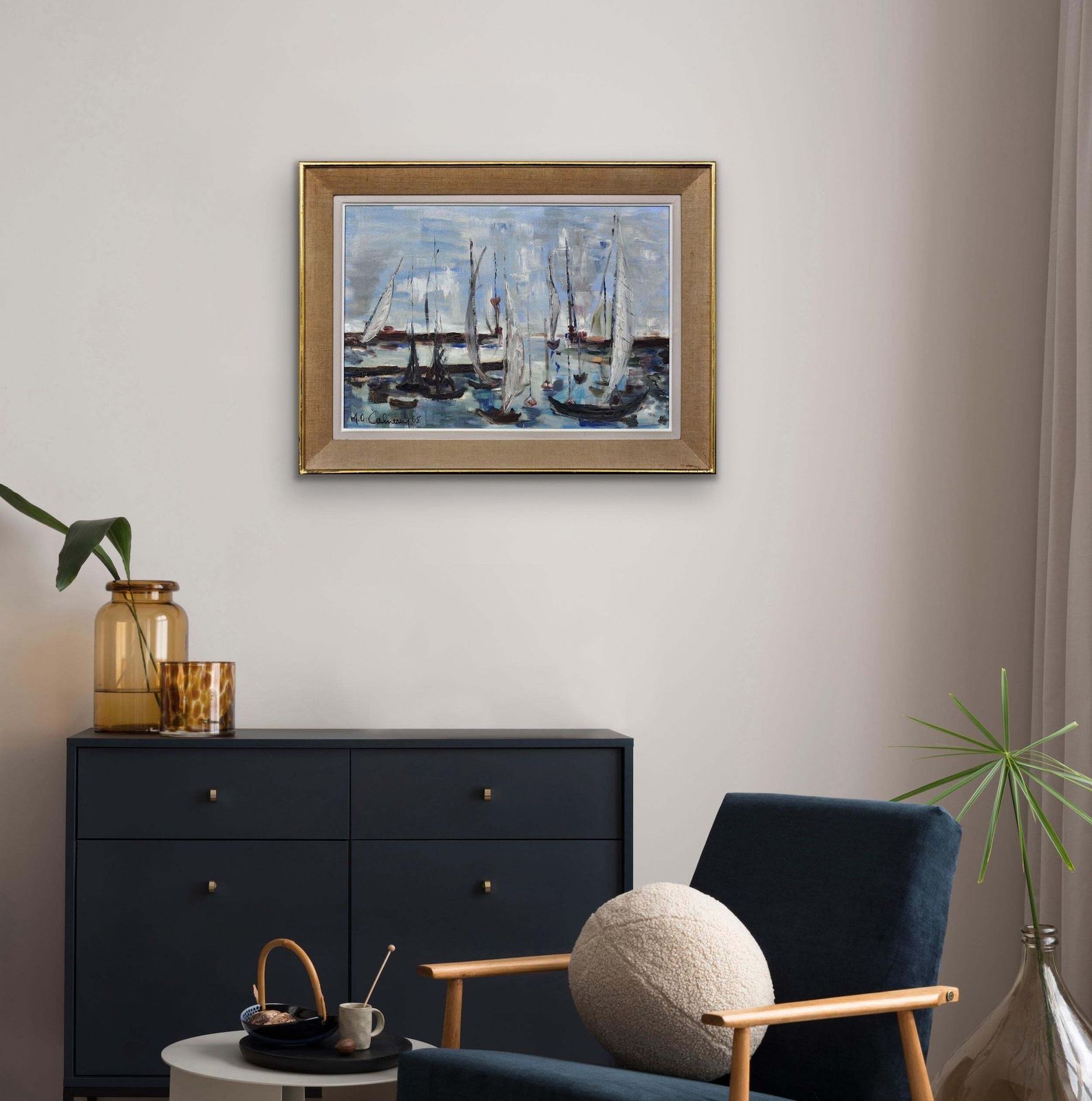 photo furniture M.O. Cahierre. Post Impressionist French Art. Petit Port Du Havre,1965. Mid 20th Century Framed Oil On Canvas Painting.