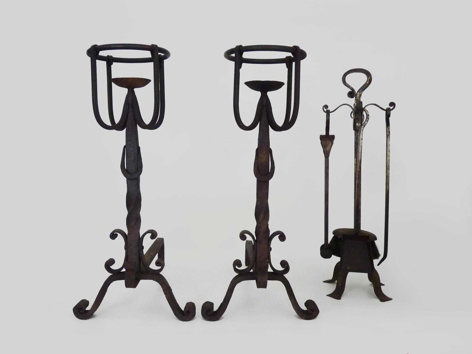 Pair Of Wrought Iron Firedogs With Antique 19th Century Fireplace Tools