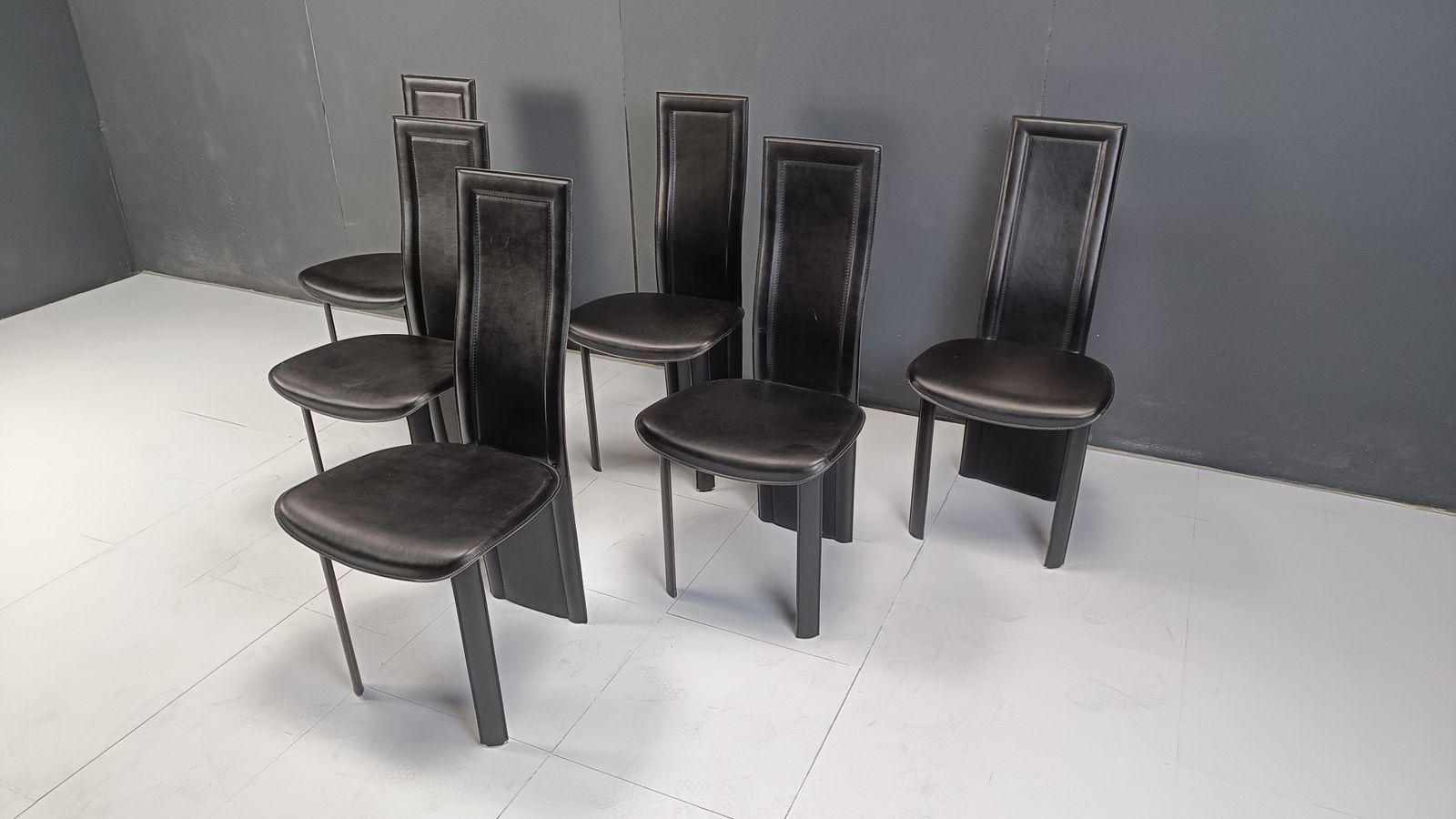 photo furniture Vintage Black Leather High Back Dining Chairs, Set Of 6, 1980s