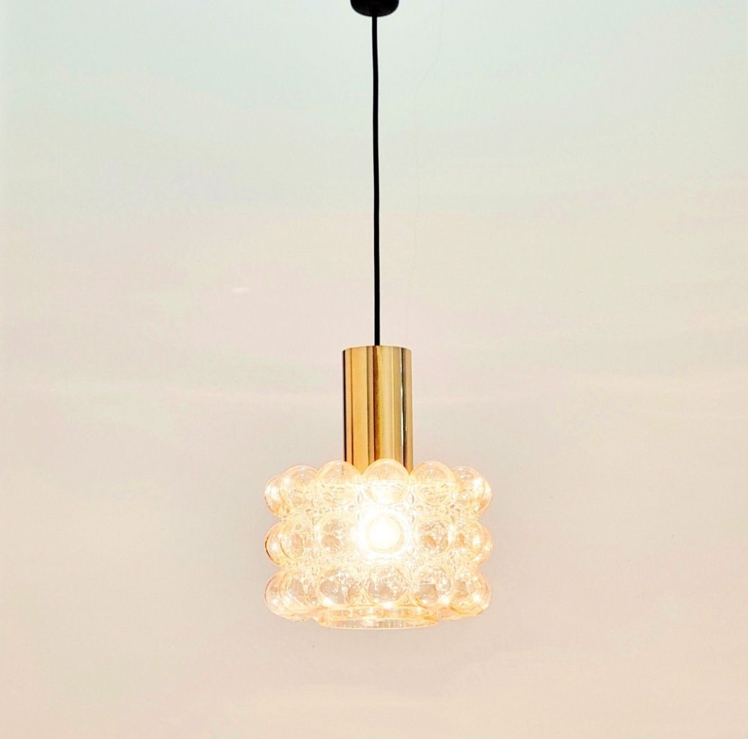 Mid Century Space Age Amber Bubble Glass & Brass Plafondlamp Van Helena Tynell Voor Limburg, Duitsland, Jaren 1960 photo Verlichting