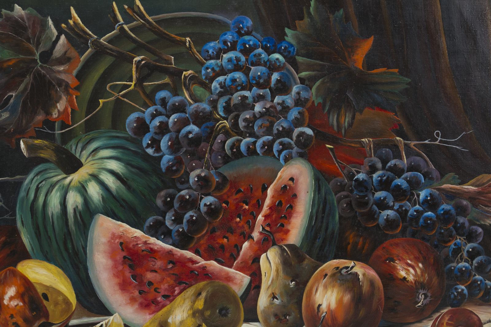 Vintage Oil Painting, Moody Still Life With Fruits photo furniture