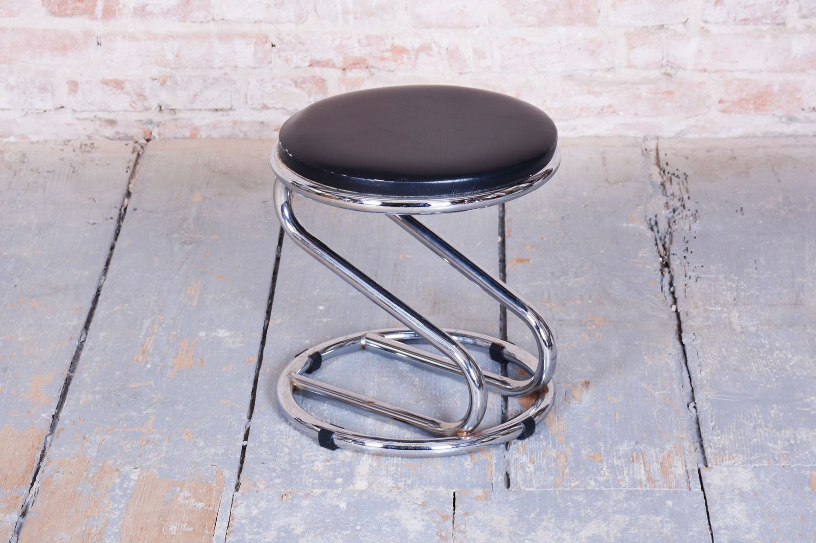 Restored Bauhaus Stool, Chrome Plated Steel, Leatherette, Geman, 1950s photo for sale