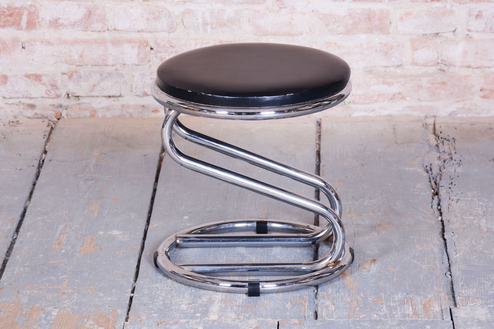 Restored Bauhaus Stool, Chrome Plated Steel, Leatherette, Geman, 1950s photo Furniture