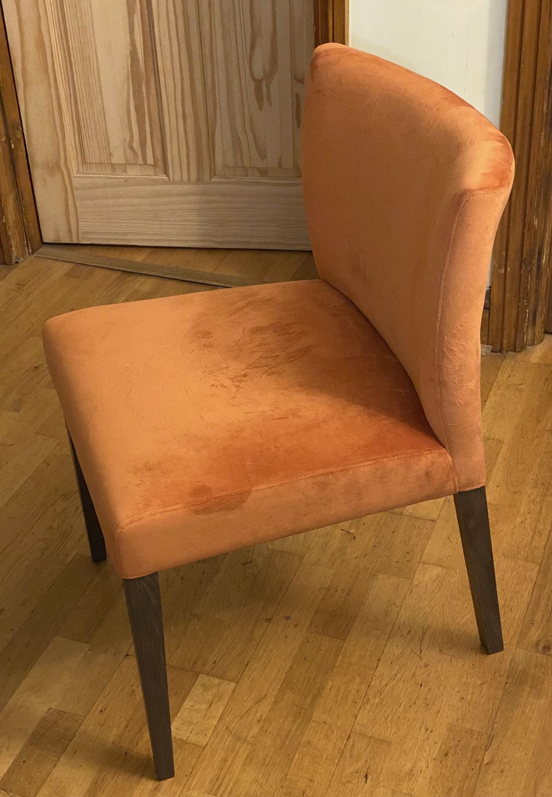 Dark Oak Low Back Harvest Pumpkin Velvet Fabric Chairs X 4 photo furniture